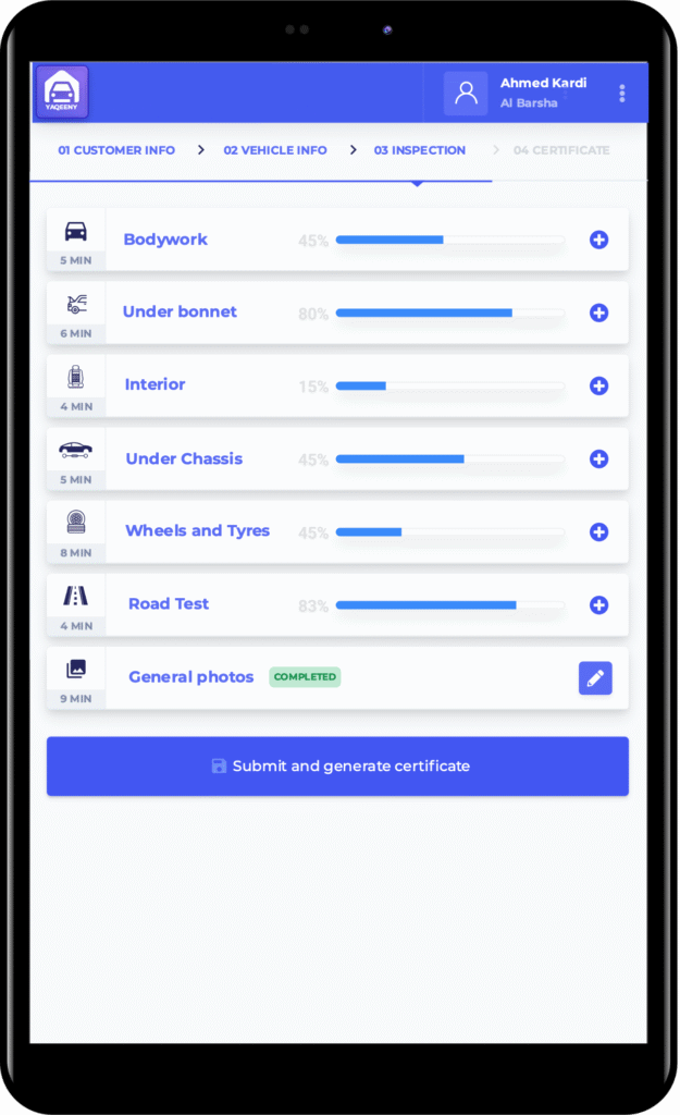 AutoData inspection app on a tablet showing the guided checklist with progress per stage