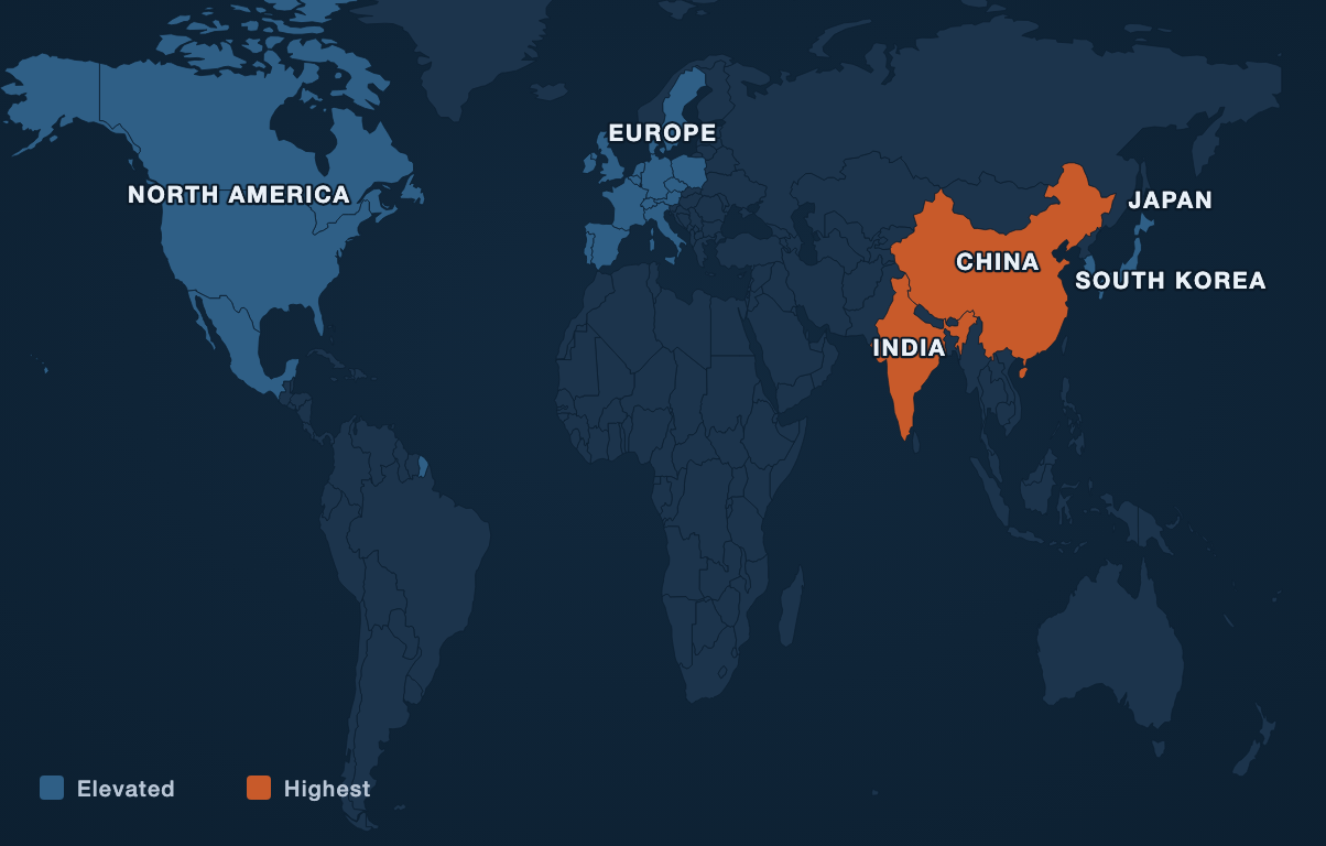 Axxion parts-cost model: a world map shading collision-parts cost pressure by origin region, with the highest bands on China and India