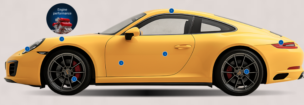 FastTrack pre-purchase inspection tool showing inspection points marked across a car, with an engine performance detail