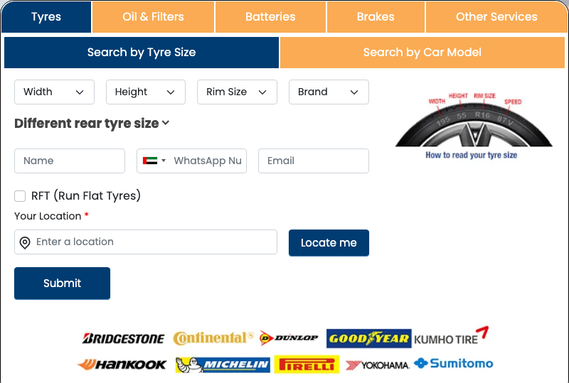 FastTrack booking tool: search for a service by tyre size or by car model, across tyres, oil, batteries and brakes