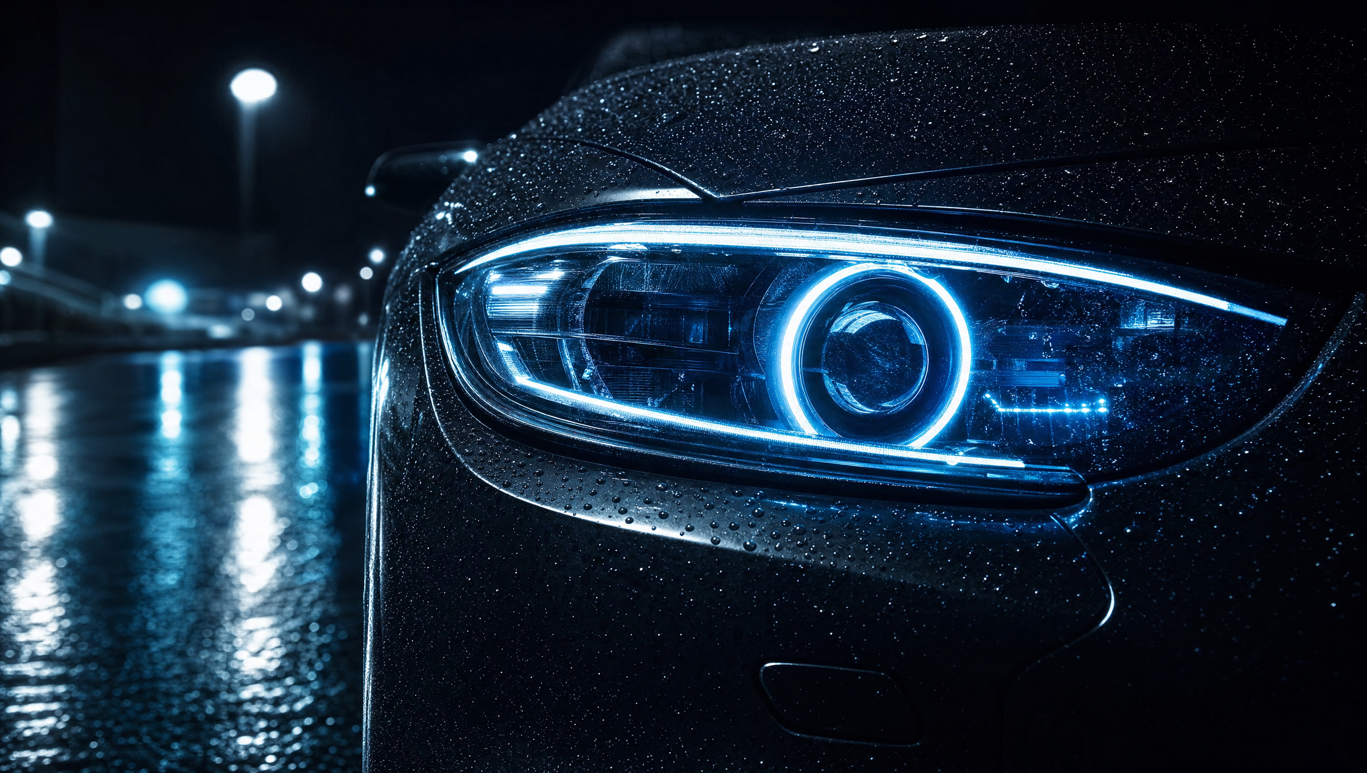 Close view of a car headlight under cold inspection lighting