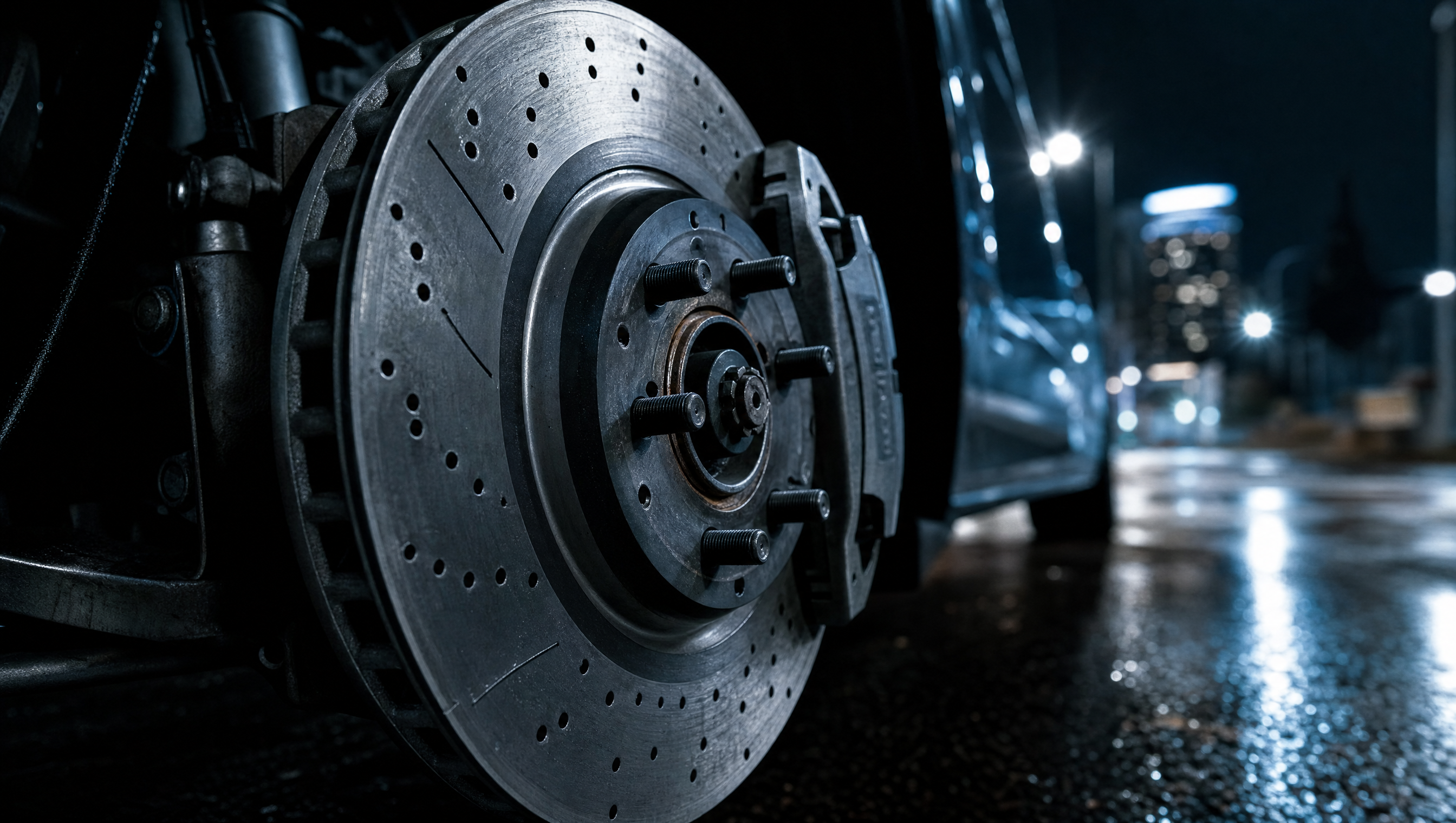 Close view of a vehicle brake disc under cold studio light