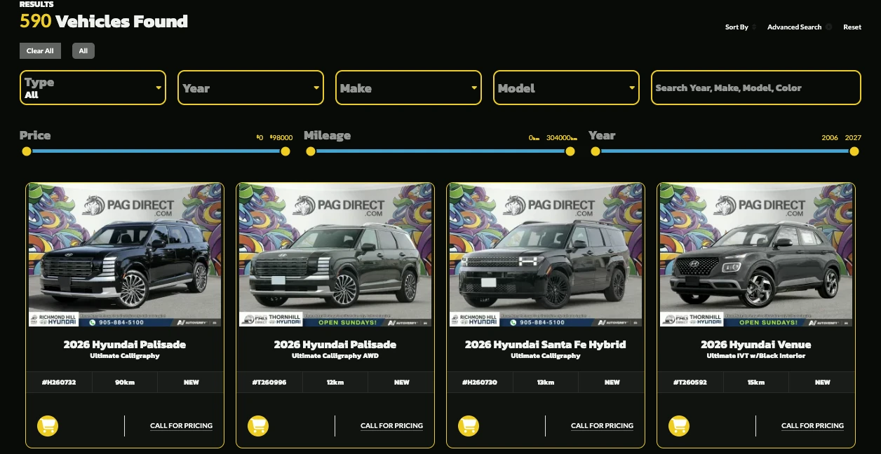 PAG Direct online inventory: a results count, type, year, make and model filters, price, mileage and year sliders, and a row of vehicle cards