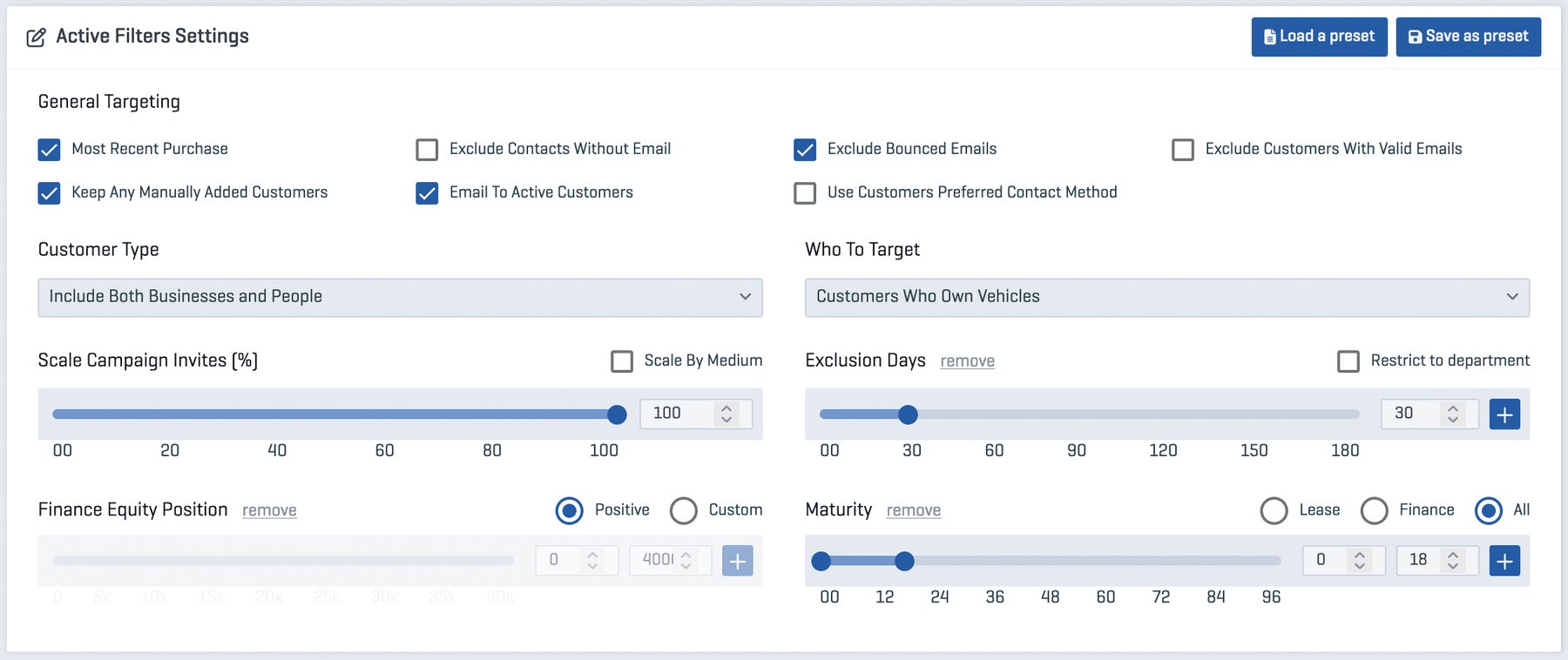 Vicimus campaign targeting screen with filters for recent purchase, customer type, equity position and campaign scale